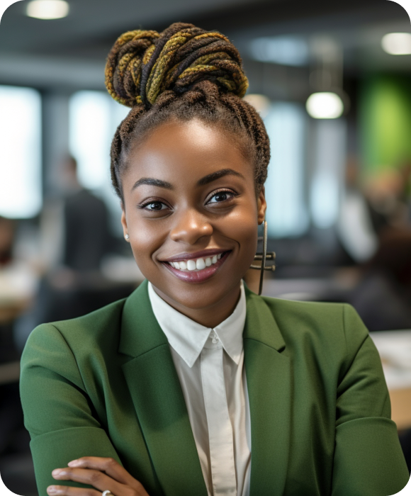 Headshot image of young black woman professional who is smiling and has her arms crossed wearing a green blazer.
